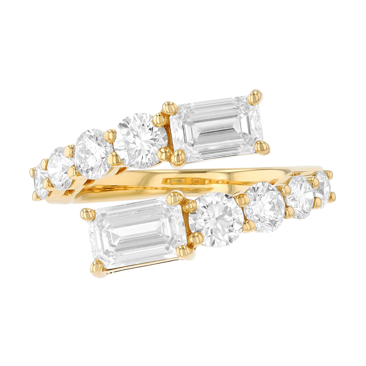 Emerald Cut & Graduated Round Diamond Bypass Ring in Yellow Gold