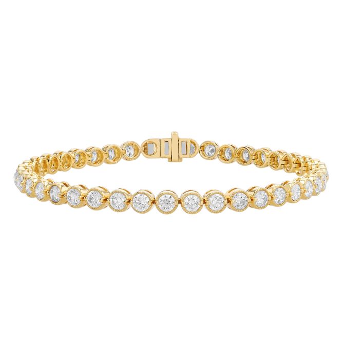 Bezel Set Round Diamond Tennis Bracelet in Yellow Gold, 7", 5.30 cttw