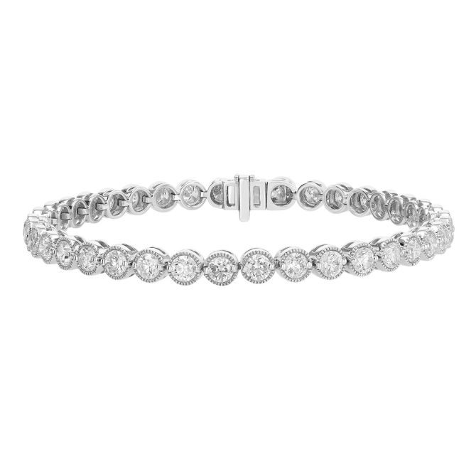 Bezel Set Round Diamond Tennis Bracelet in White Gold, 7", 7.00 cttw