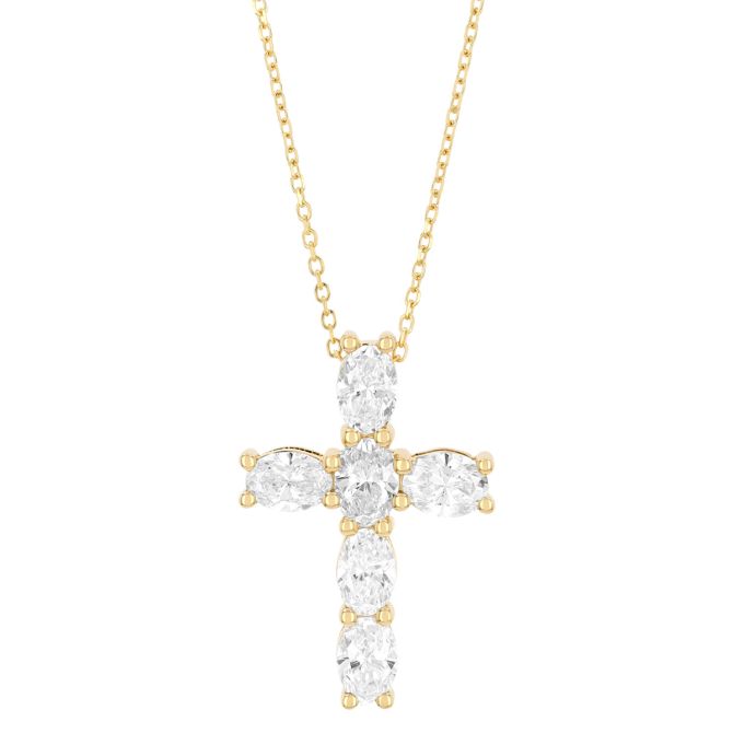 Oval Diamond Cross Pendant in Yellow Gold, 1.48 cttw