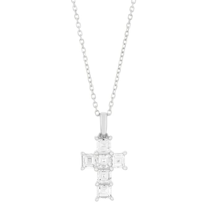 Asscher Cut Diamond Cross Pendant in White Gold, 0.75 cttw