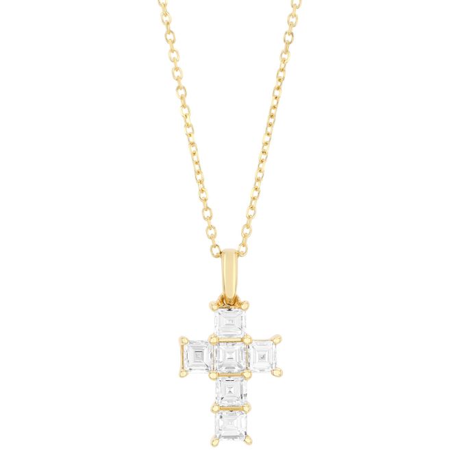 Asscher Cut Diamond Cross Pendant in Yellow Gold, 0.75 cttw