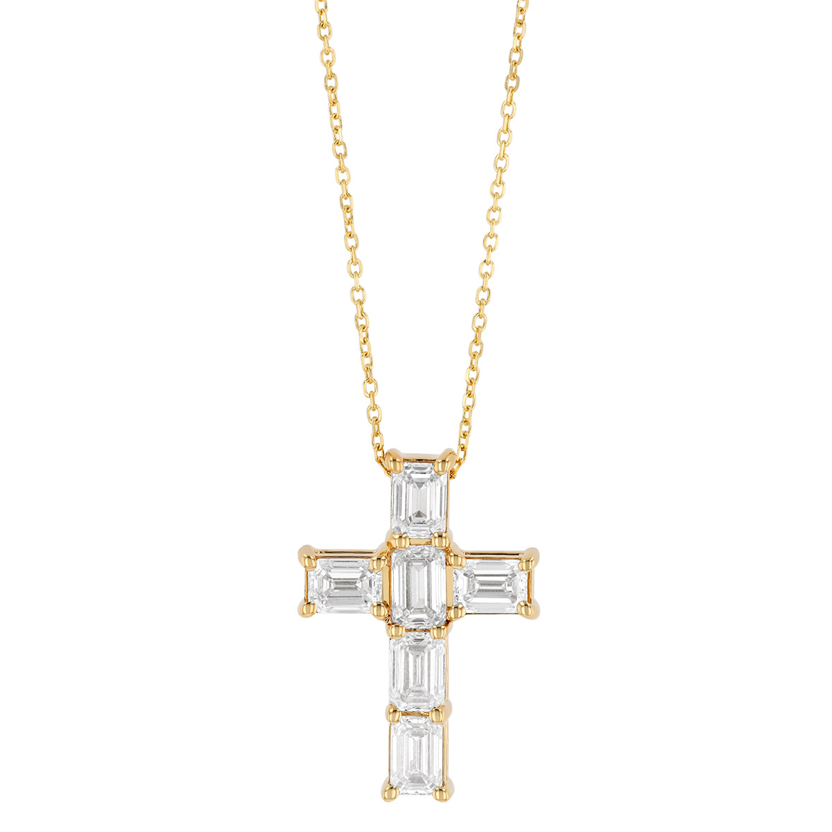 Emerald Cut Diamond Cross Pendant in Yellow Gold