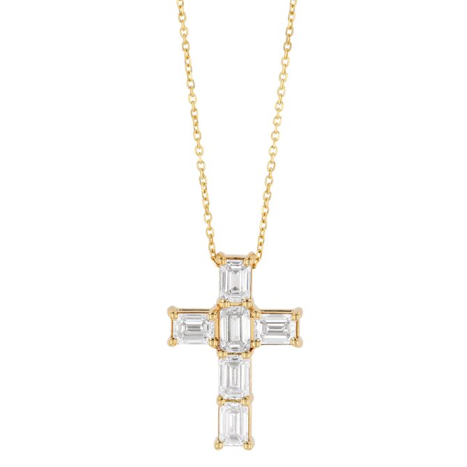 Emerald Cut Diamond Cross Pendant in Yellow Gold