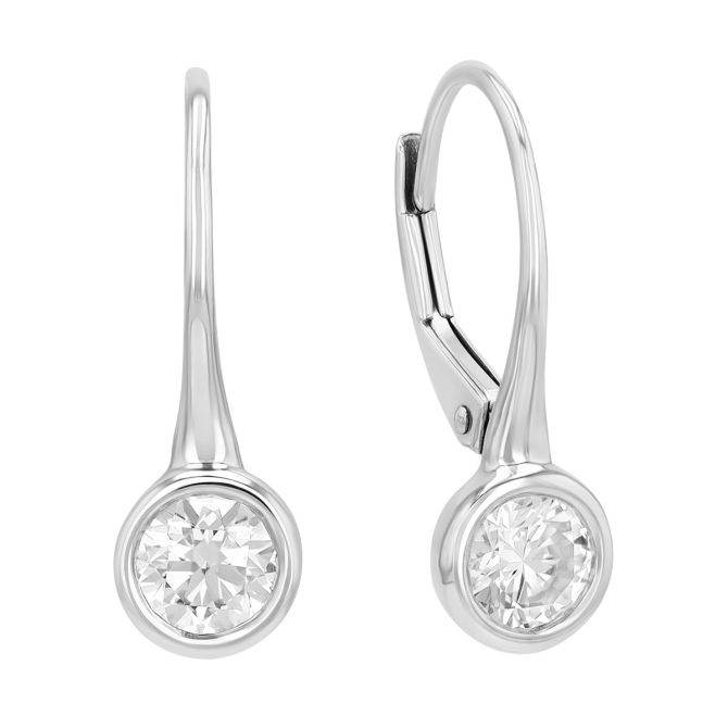 Bezel Set Round Diamond Drop Earrings in White Gold, 0.80 cttw