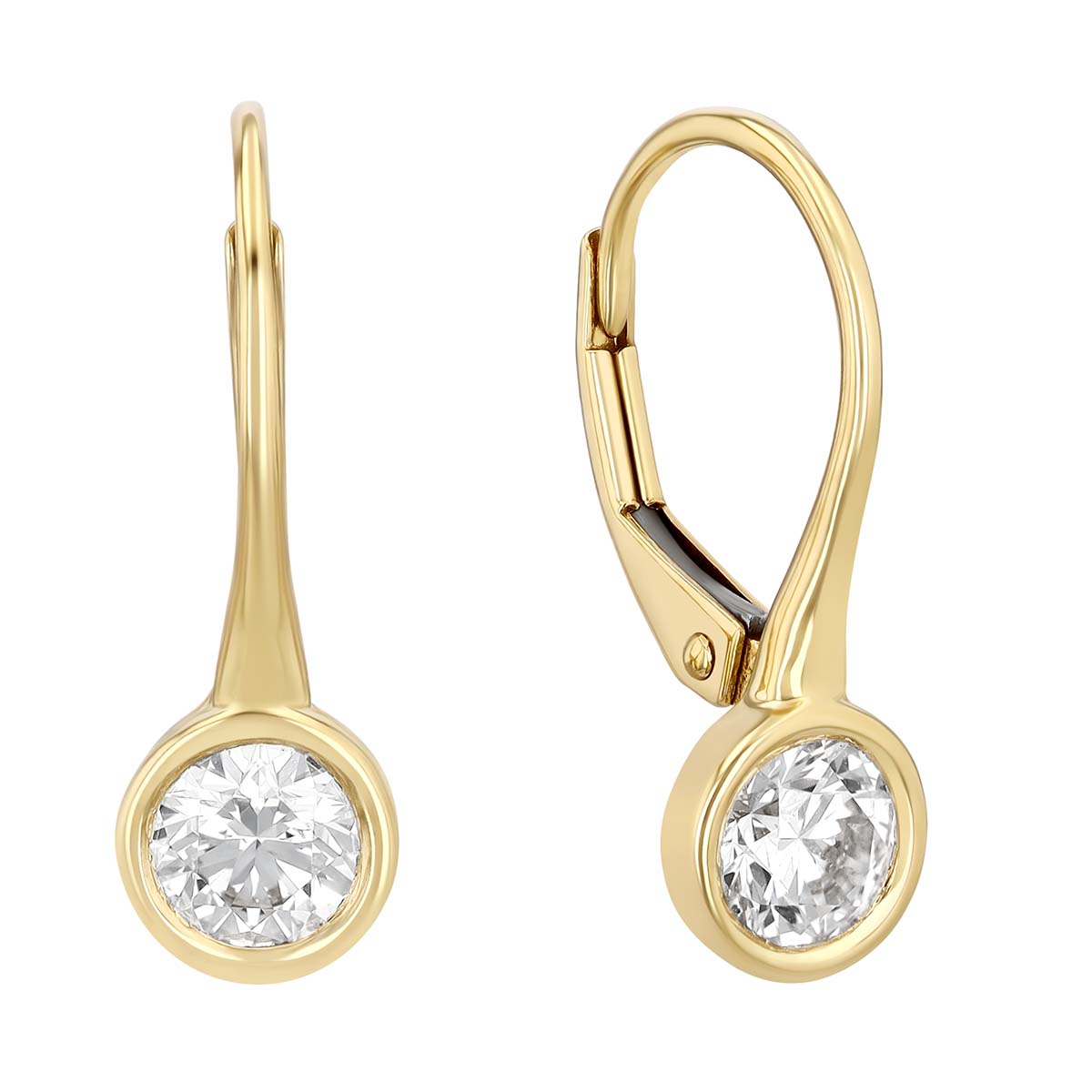 Bezel Set Round Diamond Drop Earrings in Yellow Gold