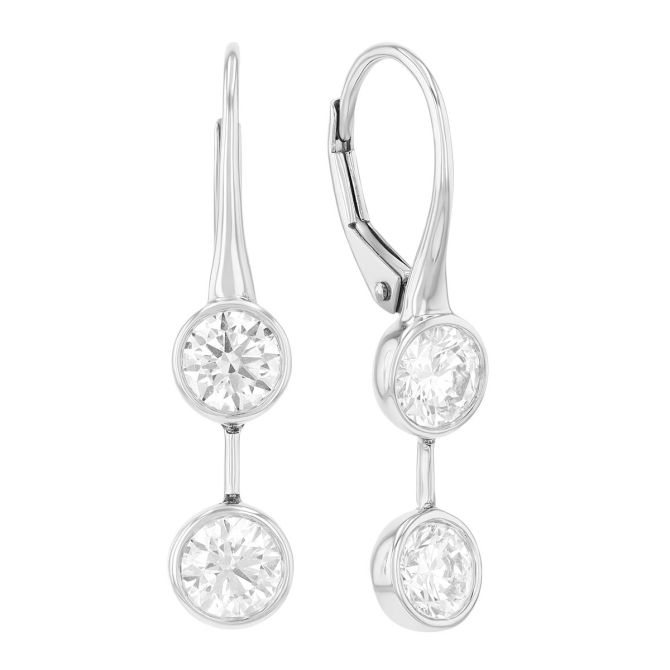 Bezel Set Round Diamond Double Drop Earrings in White Gold