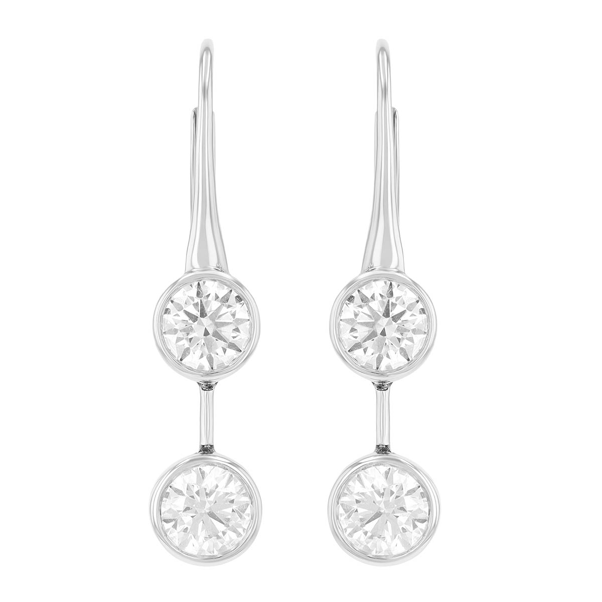 Bezel Set Round Diamond Double Drop Earrings in White Gold