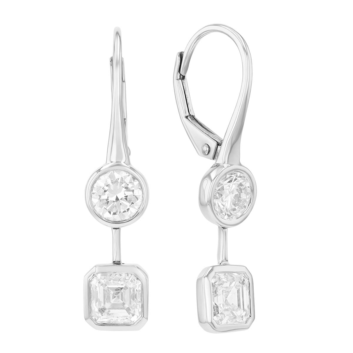 Bezel Set Round & Asscher Cut Diamond Double Drop Earrings in White Gold