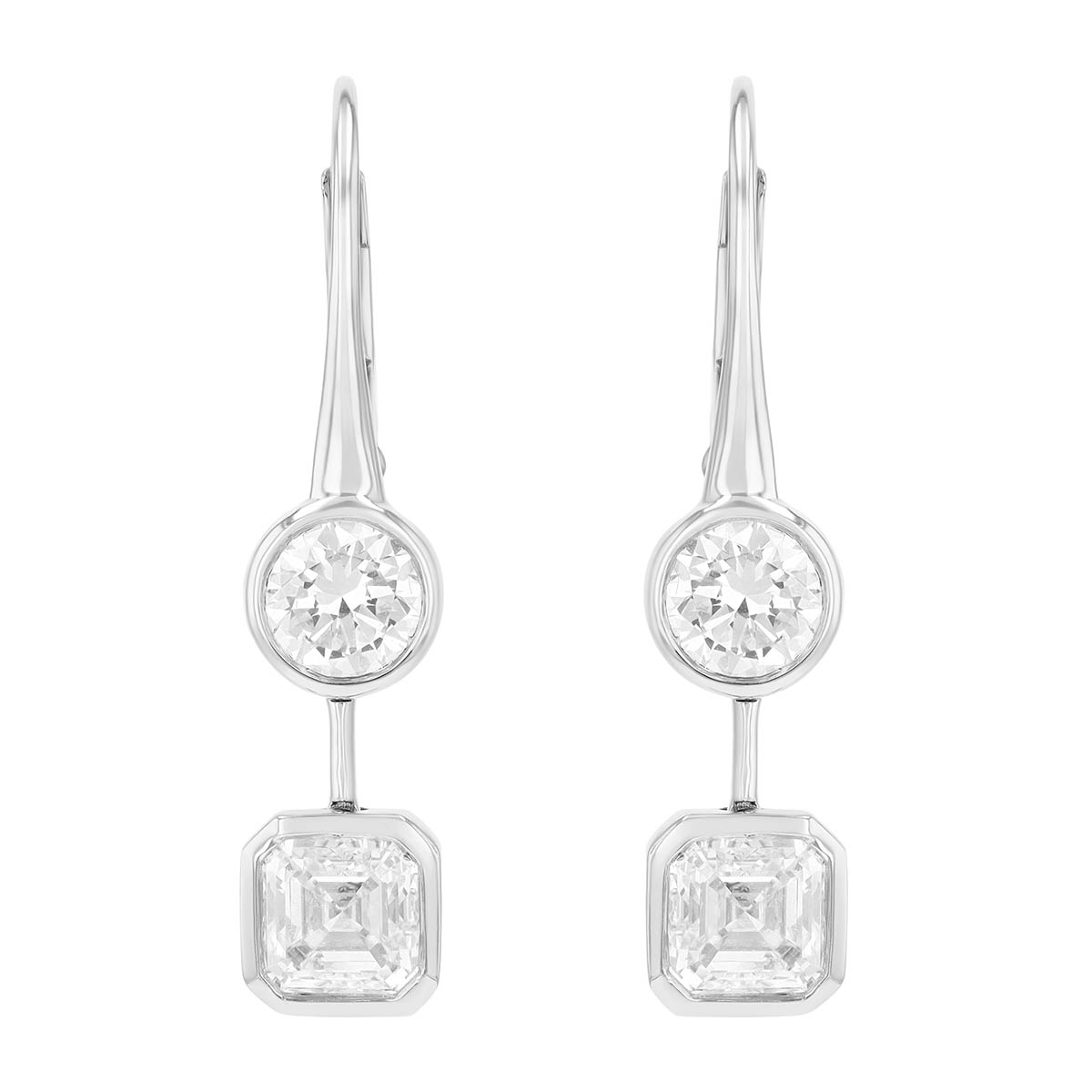 Bezel Set Round & Asscher Cut Diamond Double Drop Earrings in White Gold