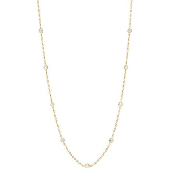 Round Diamond 10 Station Necklace in Yellow Gold, 18", 1.05 cttw