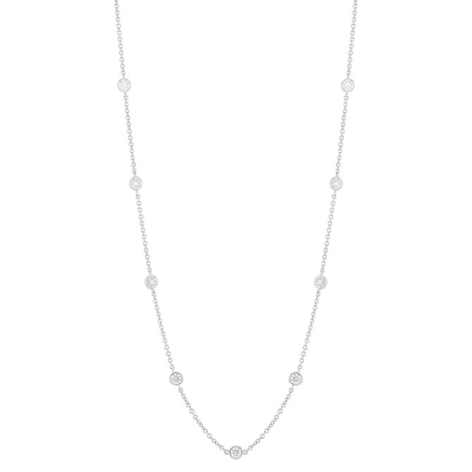 Round Diamond 10 Station Necklace in White Gold, 18", 1.50 cttw