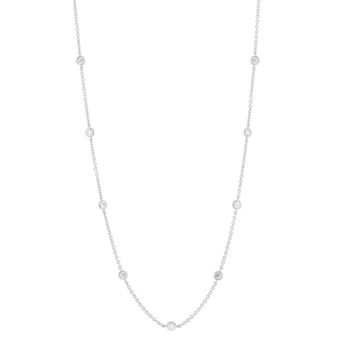 Round Diamond 10 Station Necklace in White Gold, 18", 1.05 cttw