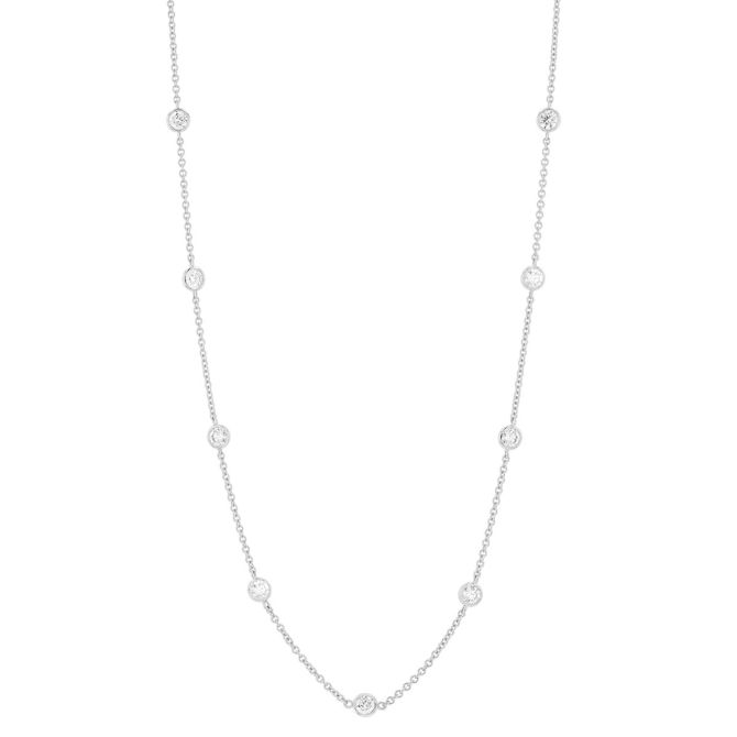 Round Diamond 10 Station Necklace in White Gold, 18", 2.00 cttw