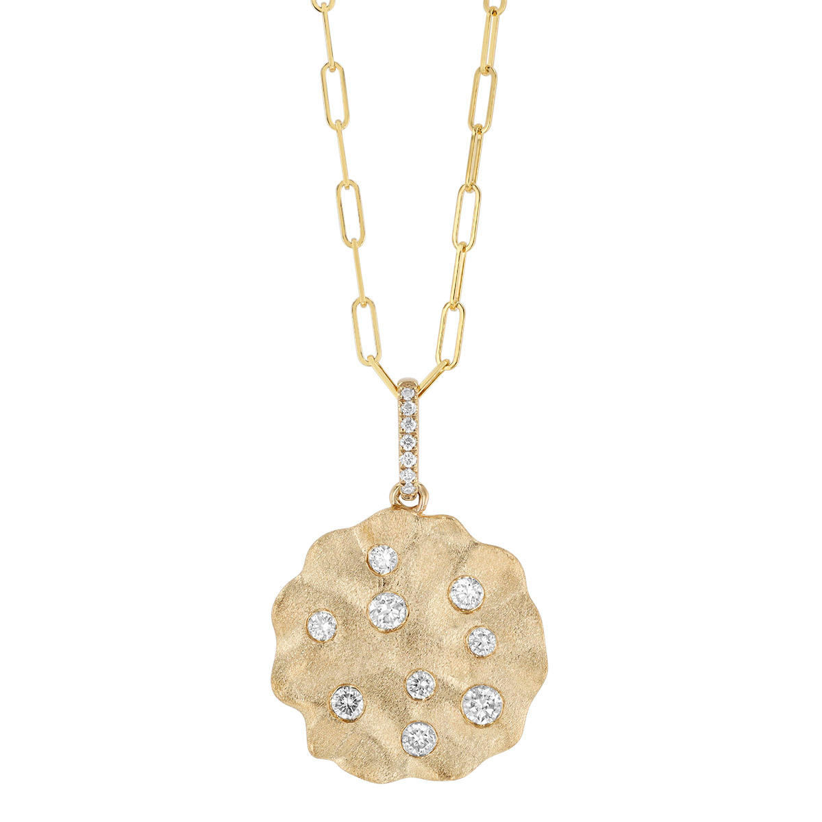 Flush Set Scatter Damond Scalloped Edge Circle Pendant in Yellow Gold, 18