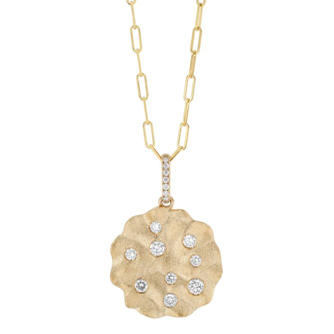 Flush Set Scatter Damond Scalloped Edge Circle Pendant in Yellow Gold, 18"