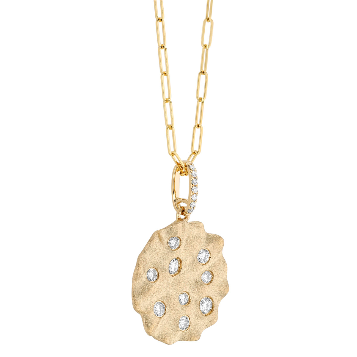 Flush Set Scatter Damond Scalloped Edge Circle Pendant in Yellow Gold, 18