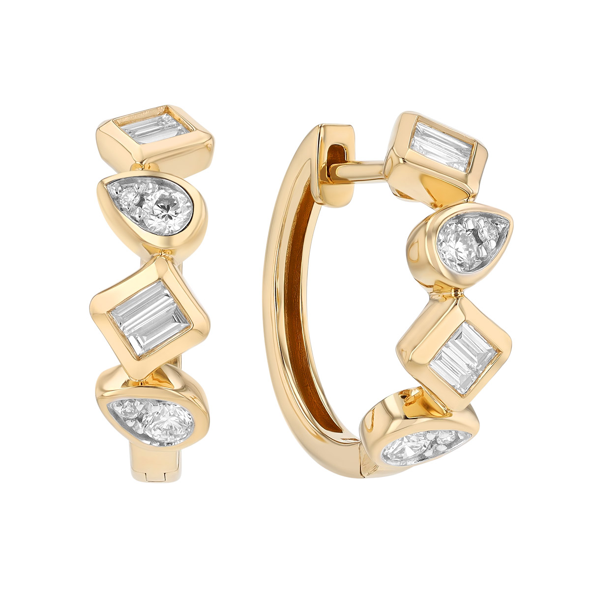 Bezel Set Multi-Shape Diamond Huggie Hoop Earrings in Yellow Gold