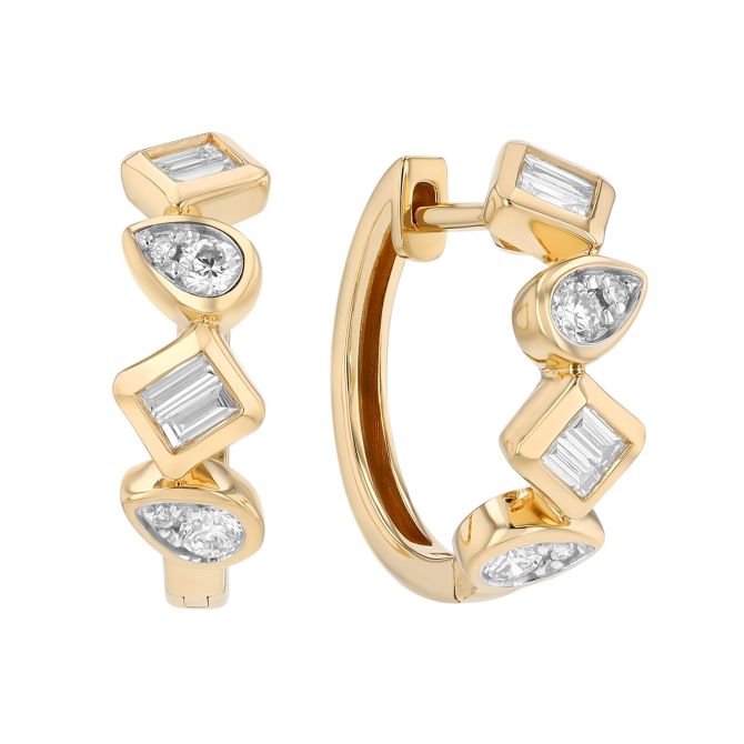 Bezel Set Multi-Shape Diamond Huggie Hoop Earrings in Yellow Gold