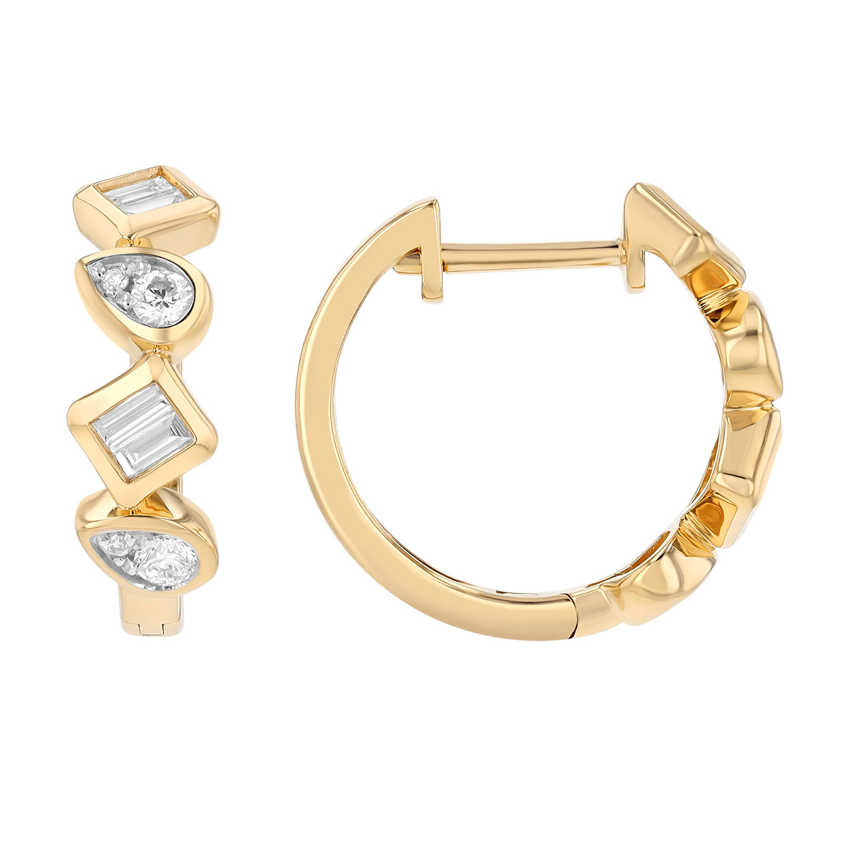 Bezel Set Multi-Shape Diamond Huggie Hoop Earrings in Yellow Gold