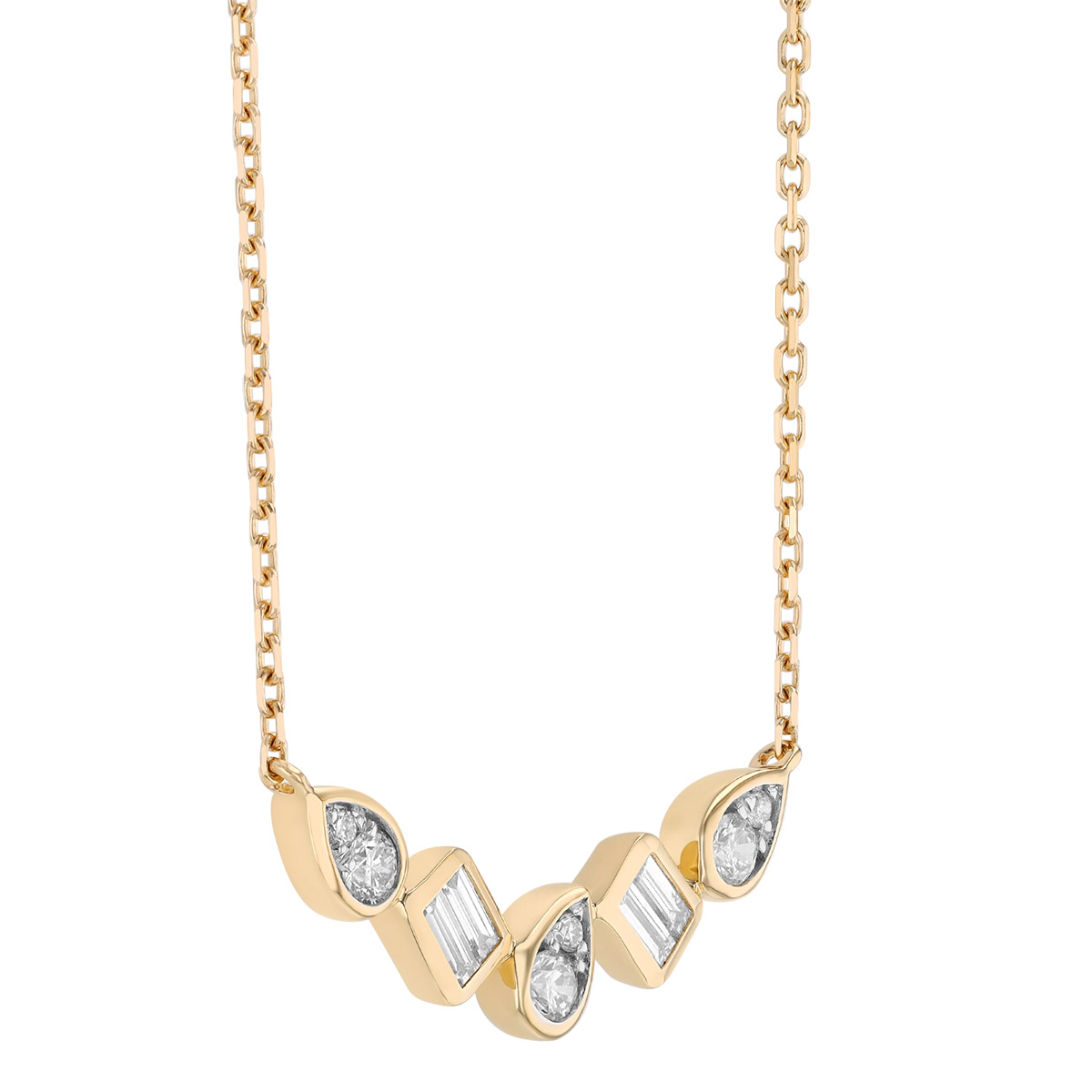 Bezel Set Mixed Shape Diamond Necklace in Yellow Gold, 18