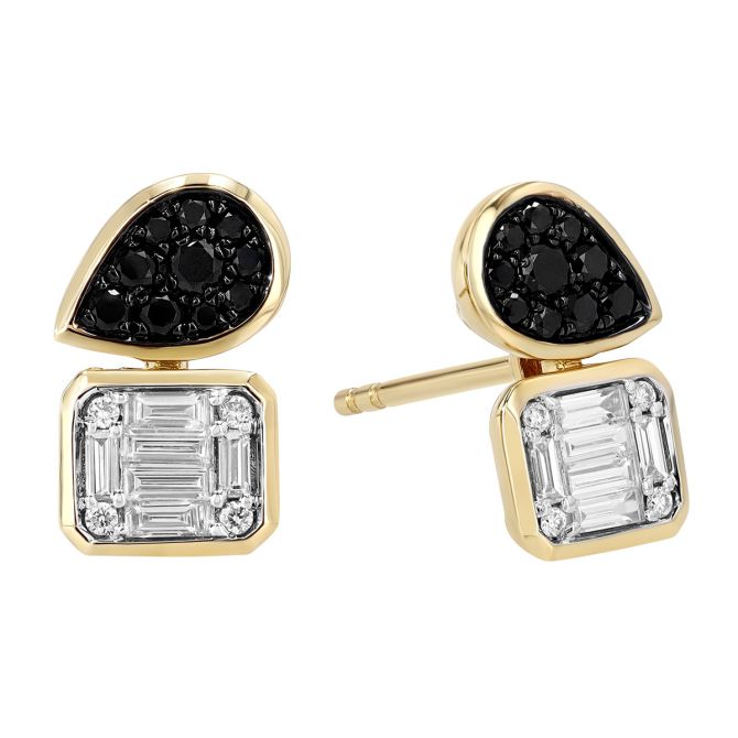 Black & White Diamond Pear & Square Shape Stud Earrings in Yellow Gold