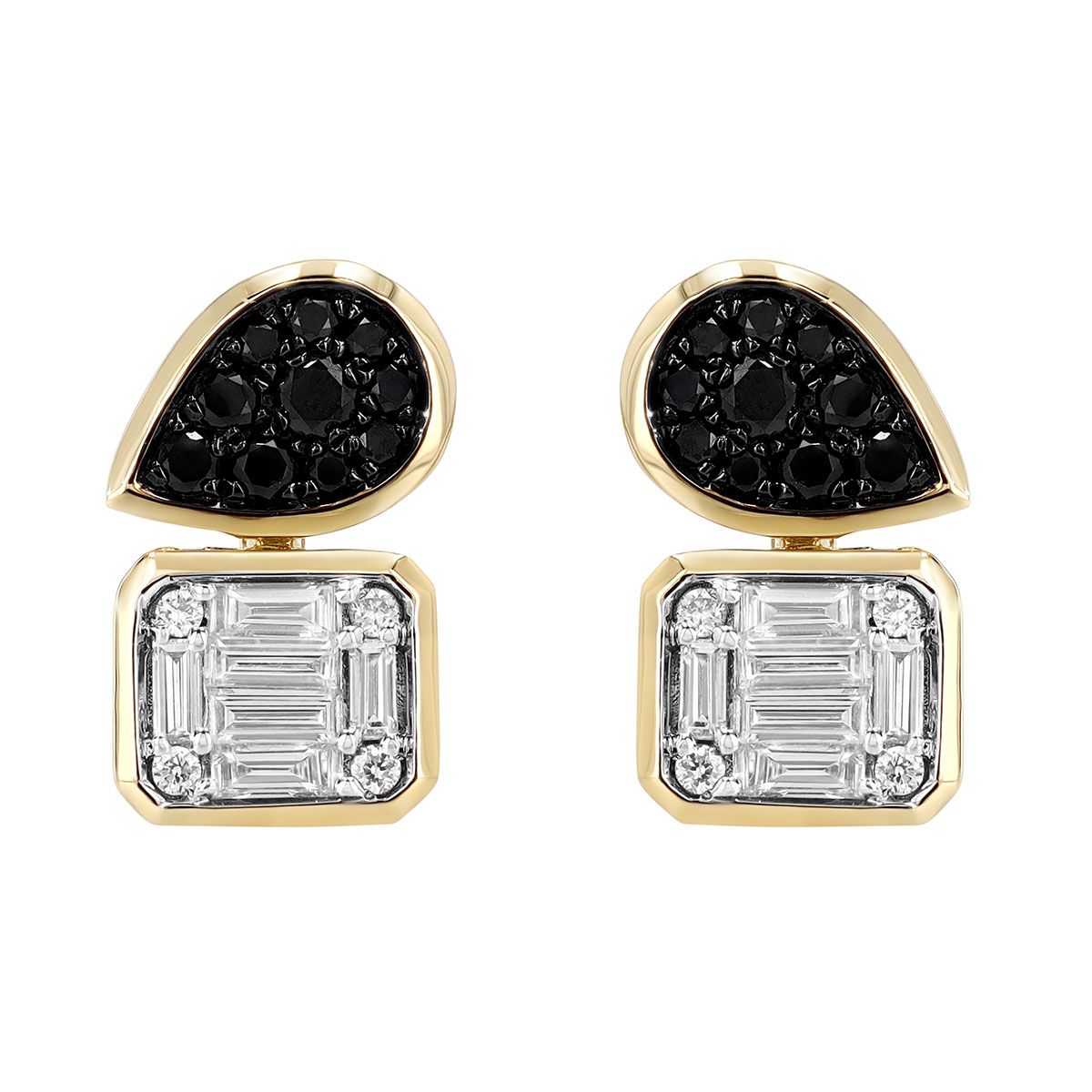 Black & White Diamond Pear & Square Shape Stud Earrings in Yellow Gold