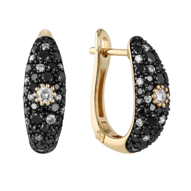 Black & White Diamond Pavé Tapered Hoop Earrings in Yellow Gold