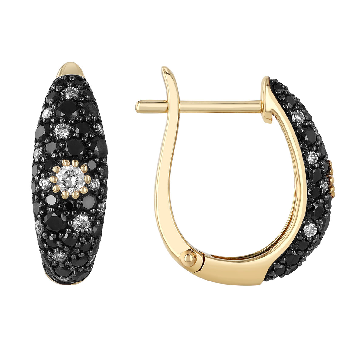 Black & White Diamond Pavé Tapered Hoop Earrings in Yellow Gold