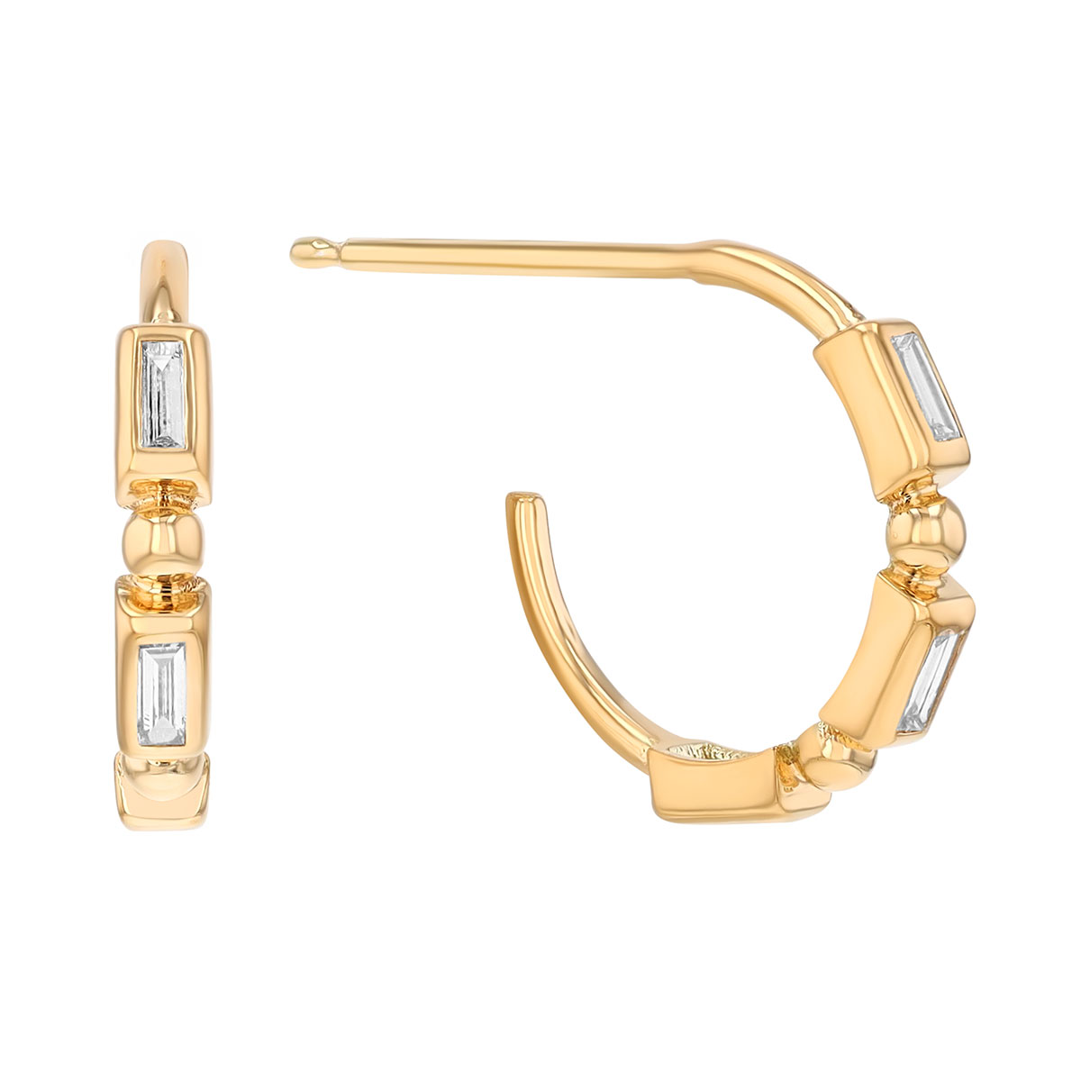 Zoe Chicco Baguette Bezel Set 3 Diamond Small Hoop Earrings in Yellow Gold