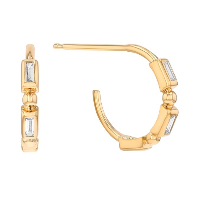 Zoe Chicco Baguette Bezel Set 3 Diamond Small Hoop Earrings in Yellow Gold