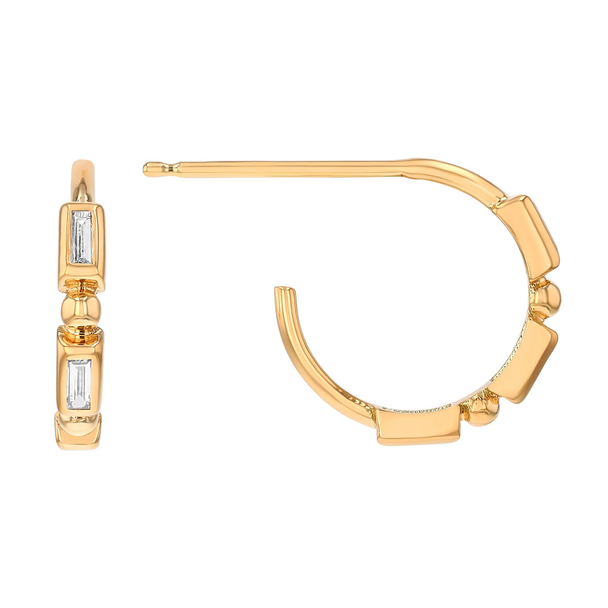 Zoe Chicco Baguette Bezel Set 3 Diamond Small Hoop Earrings in Yellow Gold