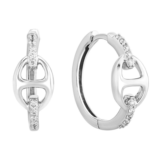 Diamond & Puff Mariner Link Hoop Earrings in White Gold