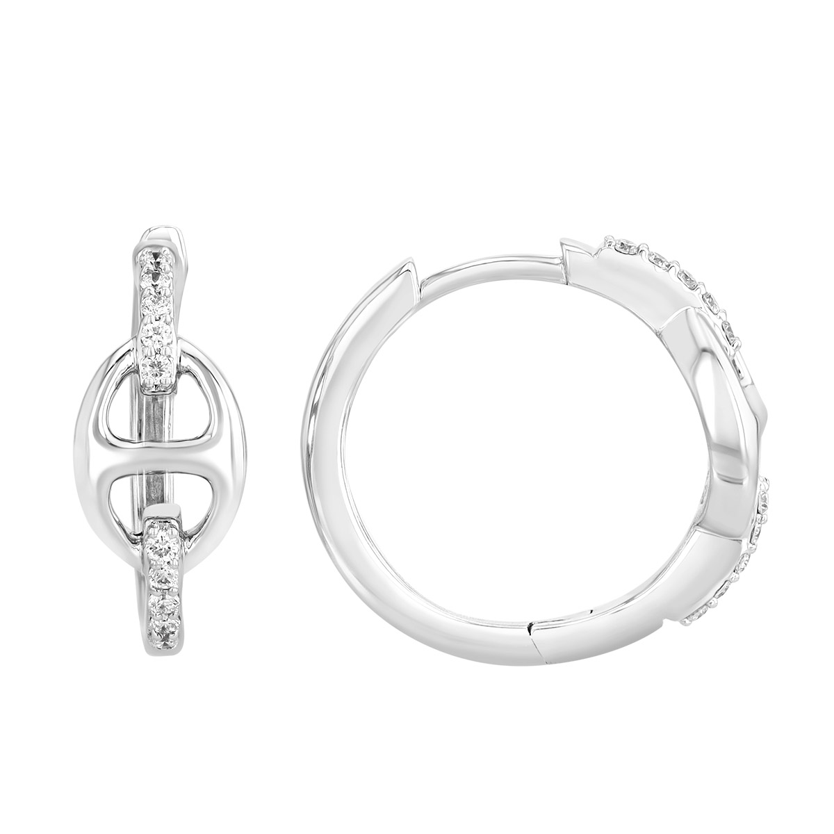 Diamond & Puff Mariner Link Hoop Earrings in White Gold