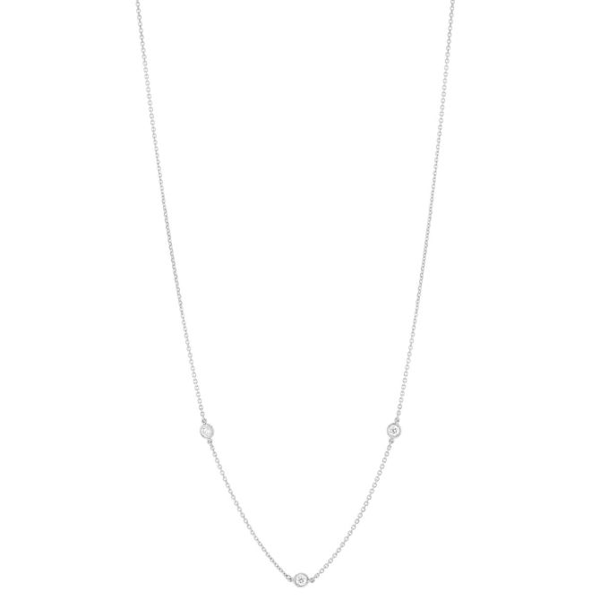 Round Diamond 3 Station Necklace in White Gold, 18", 0.25 aptw