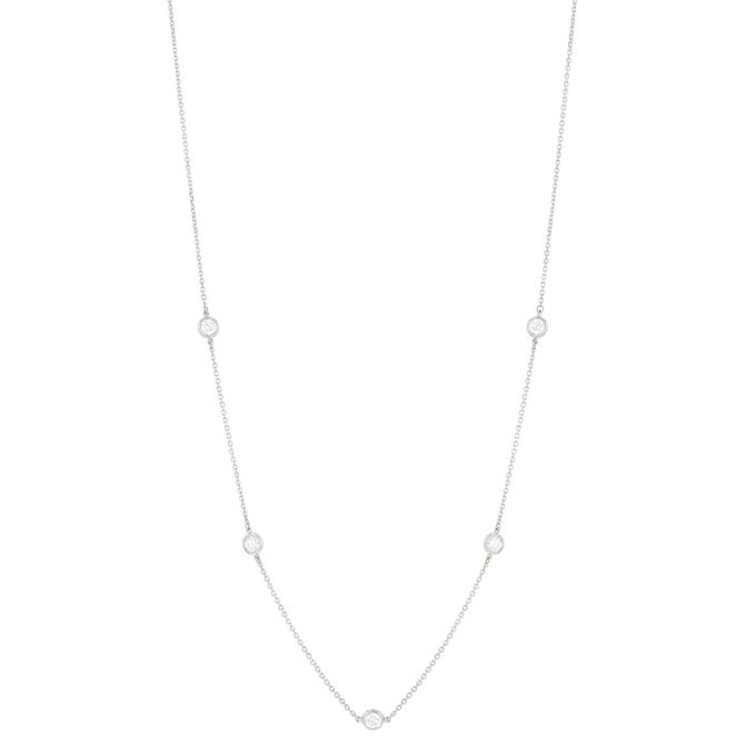 Round Diamond 5 Station Necklace in White Gold, 18", 1.50 aptw