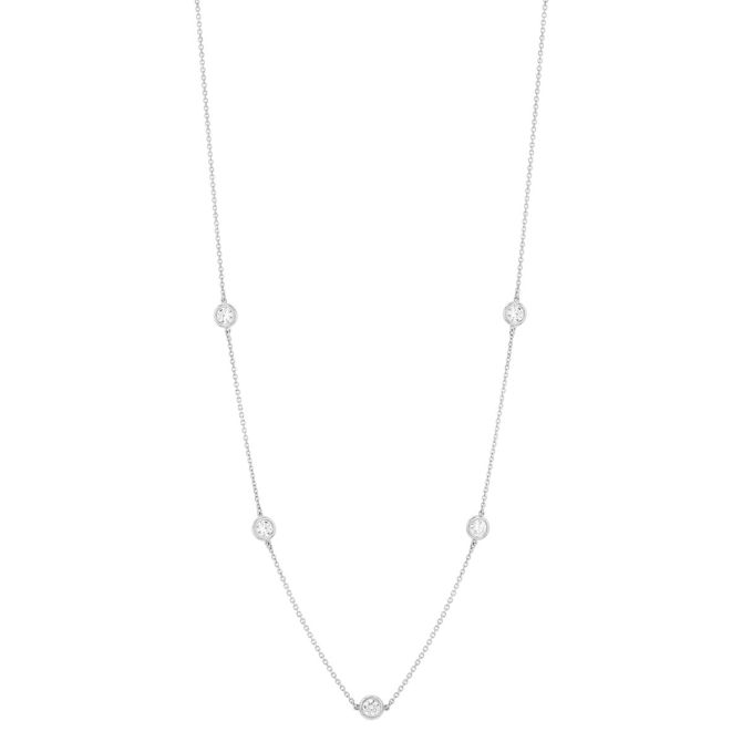 Round Diamond 5 Station Necklace in White Gold, 18", 1.00 aptw