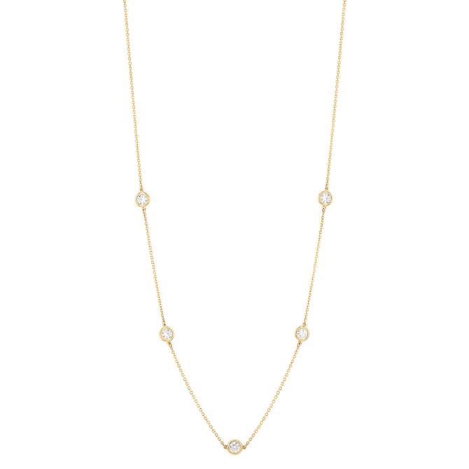 Round Diamond 5 Station Necklace in Yellow Gold, 18", 1.00 aptw