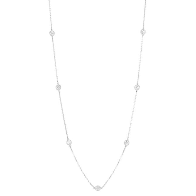 Round Diamond 7 Station Necklace in White Gold, 18", 1.00 aptw