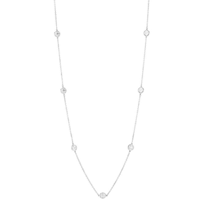 Round Diamond 7 Station Necklace in White Gold, 18", 1.50 aptw