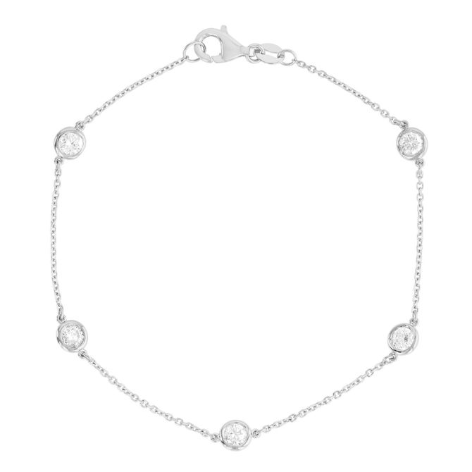 Round Diamond 5 Station Bracelet in White Gold, 7", 0.75 aptw
