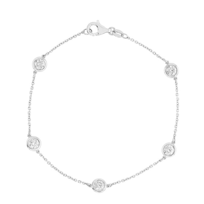 Round Diamond 5 Station Bracelet in White Gold, 7", 1.00 aptw