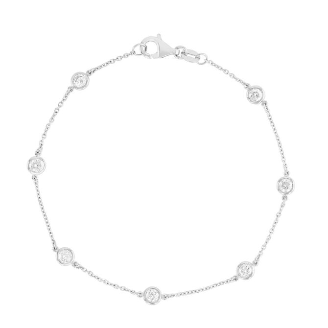 Round Diamond 7 Station Bracelet in White Gold, 7", 0.75 aptw