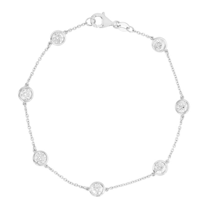 Round Diamond 7 Station Bracelet in White Gold, 7", 1.50 aptw