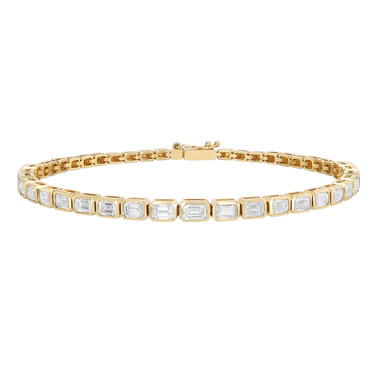 Bezel Set Emerald Cut Tennis Bracelet in Yellow Gold, 7