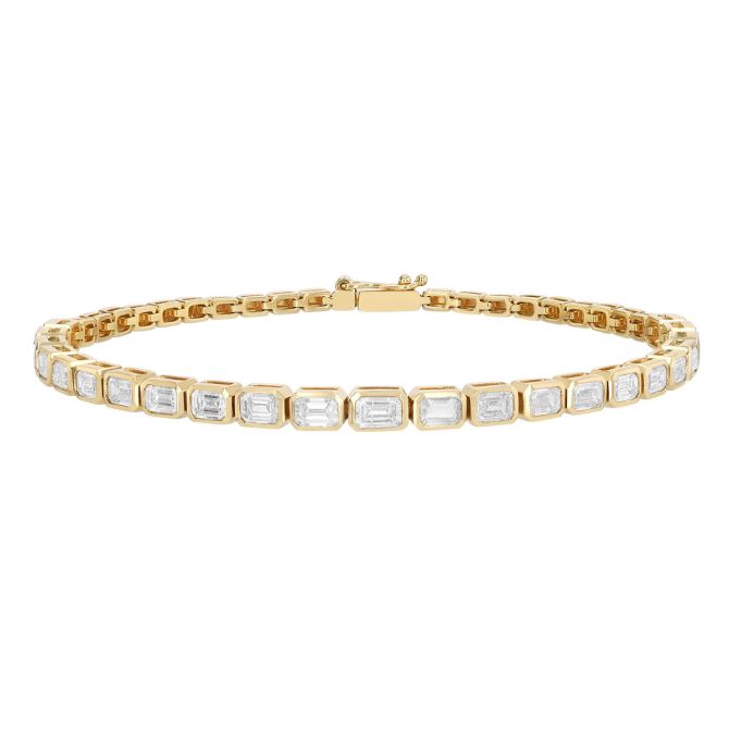 Bezel Set Emerald Cut Tennis Bracelet in Yellow Gold, 7", 4.00 cttw