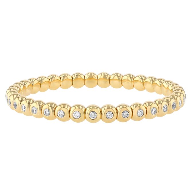 Bezel Set Round Diamond Beaded Stretch Bracelet in Yellow Gold, 7"