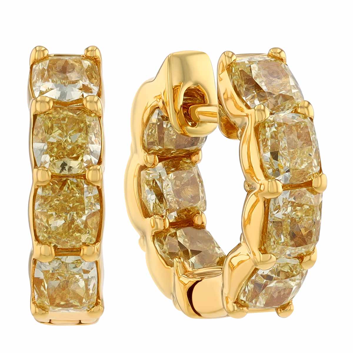 Cushion Cut Fancy Yellow Diamond In & Out Huggie Hoop Earrings in Yellow Gold