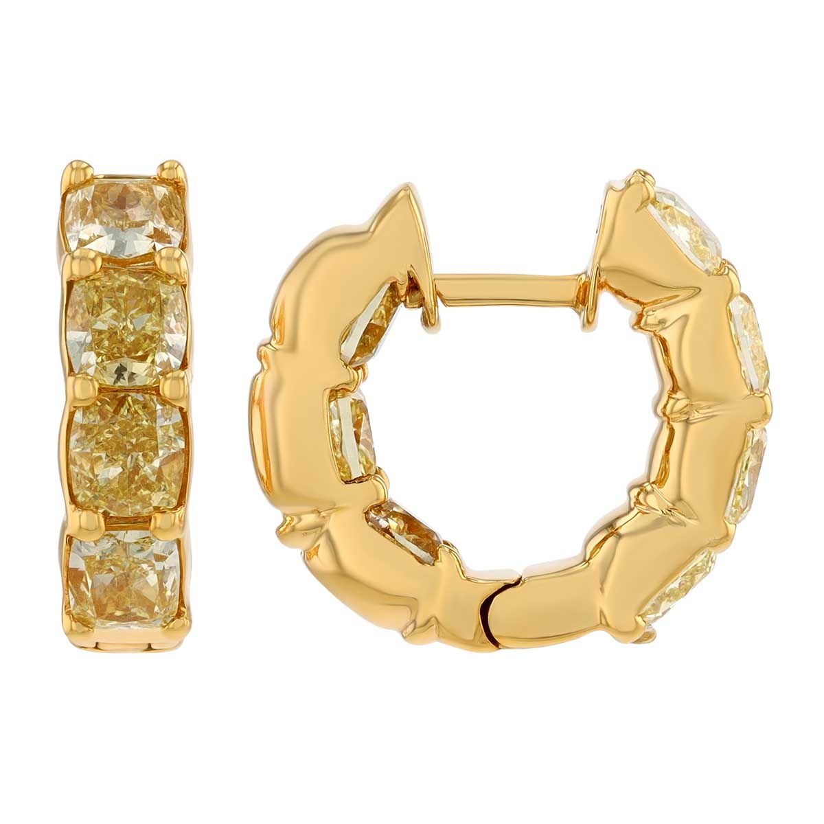Cushion Cut Fancy Yellow Diamond In & Out Huggie Hoop Earrings in Yellow Gold