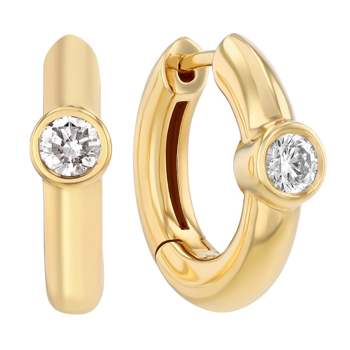 Bezel Set Diamond Huggie Hoop Earrings in Yellow Gold